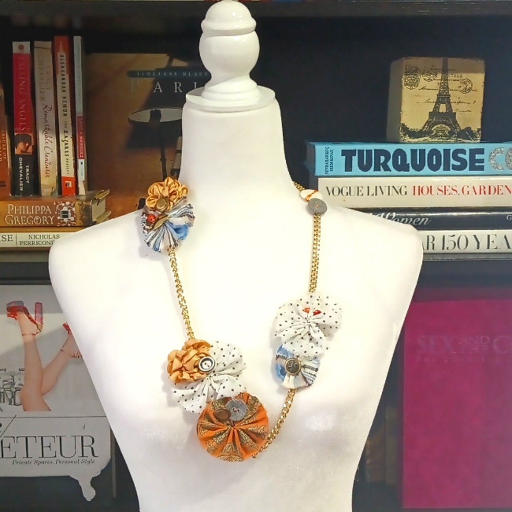 Anthropologie Orange, White, Blue & Gold Fabric Flower Necklace